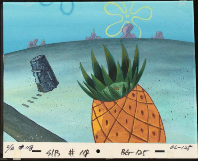 SpongeBob Squidward Original Animation Background Cel: This original hand-painted background and animation cel are from the Nickelodeon TV show SpongeBob Squarepants. The story takes place under the deep blue sea in Bikini B
