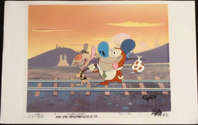 Production Cel Original Ren And Stimpy Background Art: This animation cel & printed background are from the Nickelodeon TV show Ren & Stimpy. The show follows two characters - Ren, a crazy Chihuahua - and - Stimpy, an incredibly stupid cat -