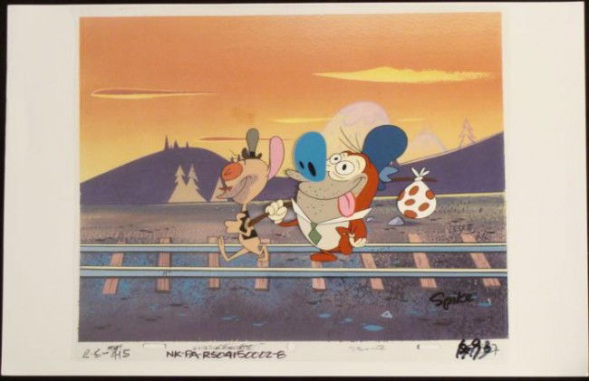 Ren And Stimpy Background Cel Original Tracks Animation: This animation cel & printed background are from the Nickelodeon TV show Ren & Stimpy. The show follows two characters - Ren, a crazy Chihuahua - and - Stimpy, an incredibly stupid cat -