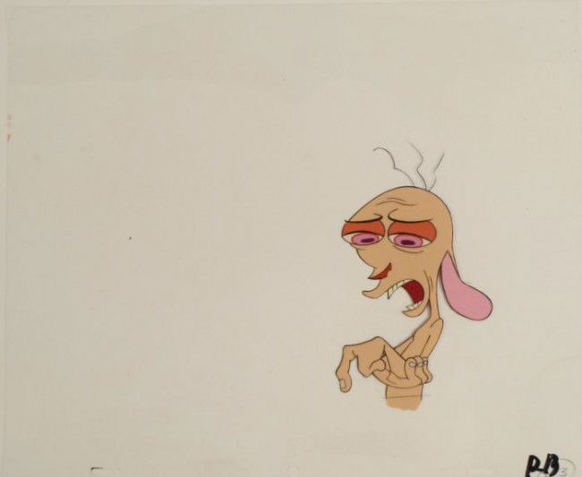 Production Original Cel Ren And Stimpy Hurt Art: This is an original production animation cel from the Nickelodeon TV show Ren & Stimpy. The show follows two characters - Ren, a crazy Chihuahua - and - Stimpy, an incredibly stupid
