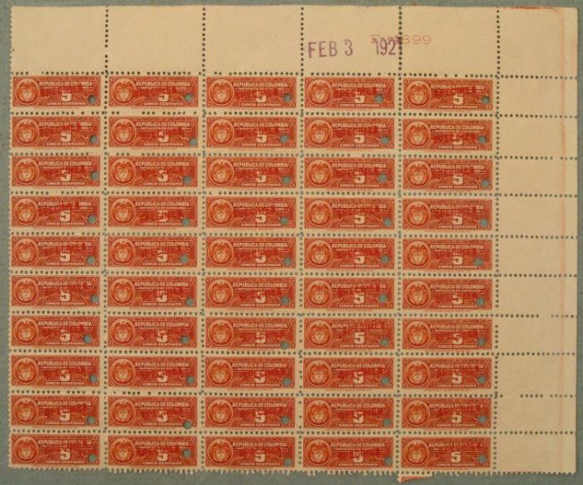 50 Colombia Specimen Revenue Stamps Plate Blocks 5 Cent: Here is a plate block of (50) small size 5 Centavos Revenue Stamps from Republic De Colombia, marked "IMPUESTO DE CONSUMO." Each has a red "SPECIMEN" overprint and security punch. They are marked "Ame