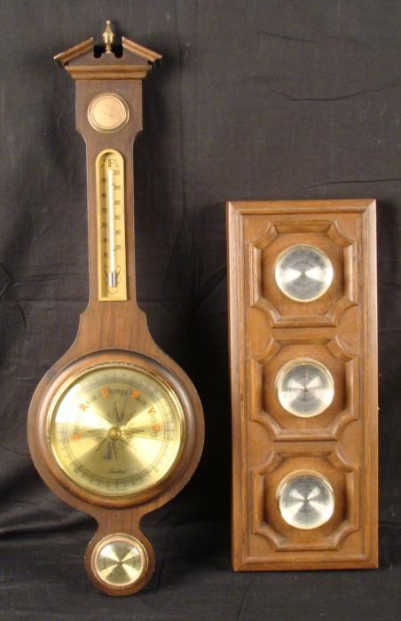 2 Vintage Barometers Springfield US,Tradition W Germany: Here are two vintage barometers, both with a distinct style, and both in very good condition, with good accuracy. The banjo style is a Tradition brand, made in West Germany. It features a wood body wi
