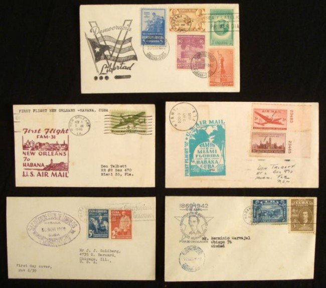 5 Cuba Covers First Flight & FDC w/ Cachets 1930s-40s: Here are 5 covers from Cuba dating from the 1930's to the 1940's, all with cachets. Included are two First Flights to Havana, and the others are from Cuba, with Cuban stamps. They are in good to very 