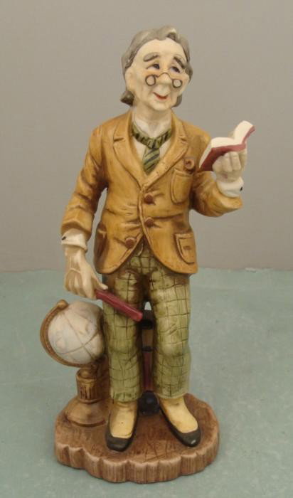 Lefton Professor GG5682 Hand Painted Porcelain Figurine: This professor is standing next to a globe and reading aloud from a text. Lefton has captured this school scene in hand-painted porcelain. It stands 8 1/2" tall. Its condition is excellent. The unders