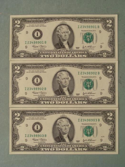 3 Consec # 2003 $2 Notes I Mint Minneapolis Bills CU: (3) 2003 $2 Notes, all with consecutive serial numbersMint mark: I (Minneapolis) Grade: Crisp Uncirculated