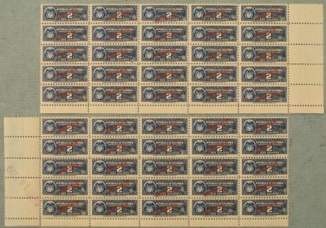 50 Colombia Specimen Revenue Stamps Plate Block 2 Cent: Here is a plate block of (50) small size 2 Centavos Revenue Stamps (in 2 separate sections) from Republic De Colombia, marked "IMPUESTO DE CONSUMO." Each has a red "SPECIMEN" overprint and security pu
