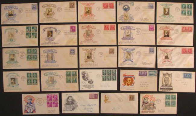 24 Famous Americans Covers Envelopes + Photos 1940-47: These 24 original covers all highlight famous Americans, and 17 are from the Famous Americans series, and feature pasted on photos. The other 7 include Lincoln, Roosevelt in Memoriam, Thomas Edison, M