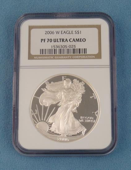 2006-W Silver Eagle Dollar NGC Proof 70 Ultra Cameo: 2006-W Silver Eagle Grade: Proof 70 Designation: Ultra Cameo Graded by: Numismatic Guaranty Corporation Coin weight: 1 ounce Content: 479.9 grains silver Fineness: 99.93 fine Overse: W