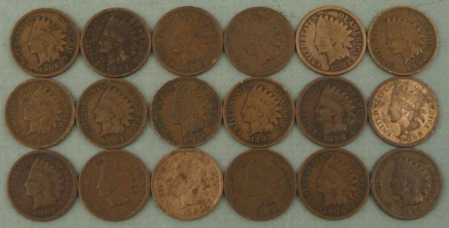 18 Diff Date Indian Cents Pennies 1887-1908: 18 Indian head cents, all from different dates ranging from 1887-1908. Dates: 1887, 1890, 1891, 1893, 1895, 1896, 1897, 1898, 1899, 1900, 1901, 1902, 1903, 1904, 1905, 1906, 1907, 1908