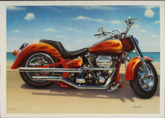 Valter de Morais Signed Motorcycle Art Print Cool Ride: This is a limited edition signed motorcycle art print by Valter de Morais. The artist uses a fantastic realism, with just a touch of fantasy, making this a very appealing, like eye candy. Lots of chro