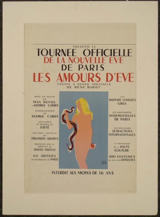 Les Amours DEve Vintage Cabaret Poster Colin Erte: This is a vintage poster of a Parisian cabaret act called Les Amours D'Eve. This image has an enticing silhouette of Eve in golden blond hair, with serpent, and apple against a blue background. This p
