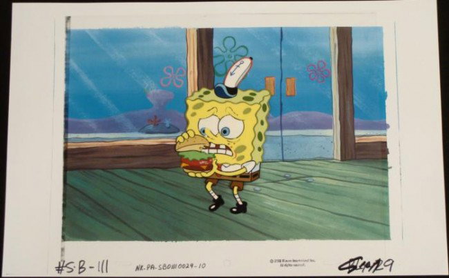 Spongebob Background Animation Just Eat It Original Cel: This animation cel and reproduction background are from the Nickelodeon TV show SpongeBob Squarepants. The story takes place under the deep blue sea in Bikini Bottom, where Sponge