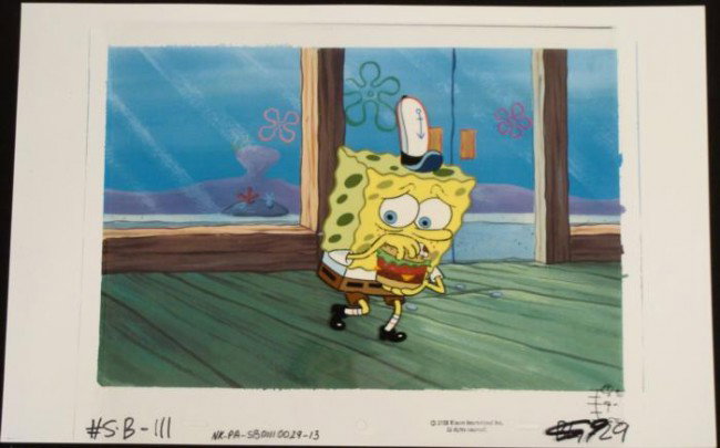 Cel Run n Hide Background Spongebob Original Animation: This animation cel and reproduction background are from the Nickelodeon TV show SpongeBob Squarepants. The story takes place under the deep blue sea in Bikini Bottom, where Sponge