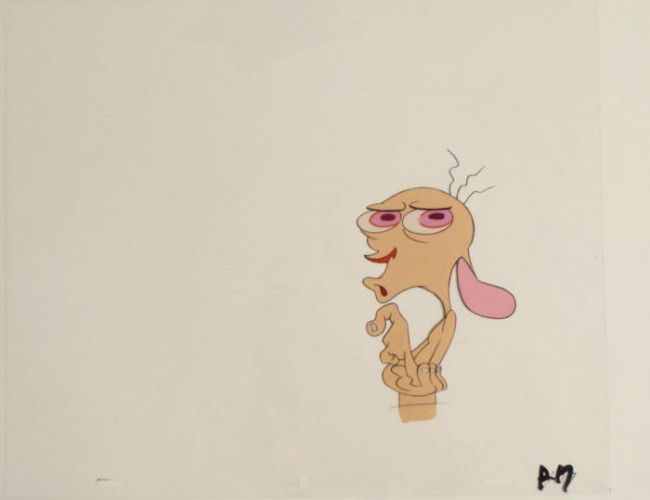Production Original Ren And Stimpy Cel Art Deep Thought: This is an original production animation cel from the Nickelodeon TV show Ren & Stimpy. The show follows two characters - Ren, a crazy Chihuahua - and - Stimpy, an incredibly stupid