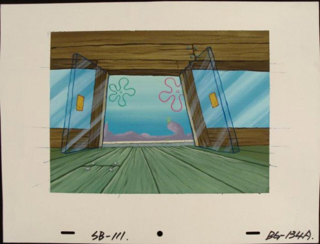 Production Background Original SpongeBob Open Art Door: This original hand-painted background from the Nickelodeon TV show SpongeBob Squarepants. The story takes place under the deep blue sea in Bikini Bottom, where SpongeBob resi