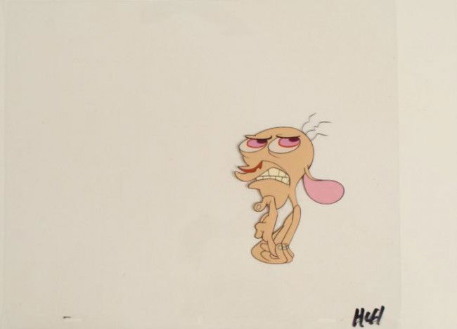 Grinning Ren And Stimpy Production Cel Art Original: This is an original production animation cel from the Nickelodeon TV show Ren & Stimpy. The show follows two characters - Ren, a crazy Chihuahua - and - Stimpy, an incredibly stupid