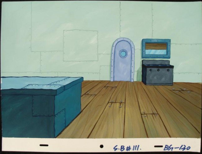 SpongeBob Original Background Cook Grill Animation Art: This original hand-painted background from the Nickelodeon TV show SpongeBob Squarepants. The story takes place under the deep blue sea in Bikini Bottom, where SpongeBob resi