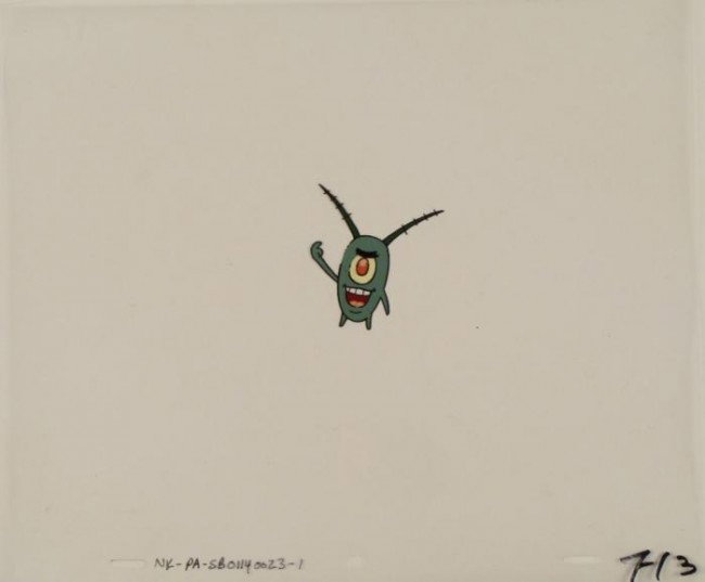 Cel Original SpongeBob Animation Plankton Big Smile: This original animation cel is from the Nickelodeon TV show SpongeBob Squarepants. The story takes place under the deep blue sea in Bikini Bottom, where SpongeBob resides. Sp