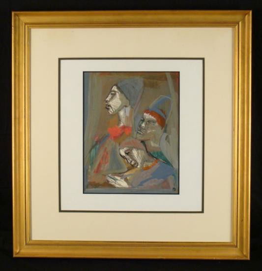 Josef Presser Original Mixed Media Painting Figures: This is an original mixed media work by Josef Presser. The subject here is three figures, all wearing some type of hat or headpiece. The faces are white, catching the light in their individuals gazes,