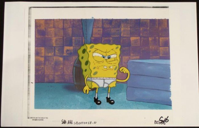 Background Spongebob Production Cel Ticked Off Original: This animation cel and reproduction background are from the Nickelodeon TV show SpongeBob Squarepants. The story takes place under the deep blue sea in Bikini Bottom, where Sponge