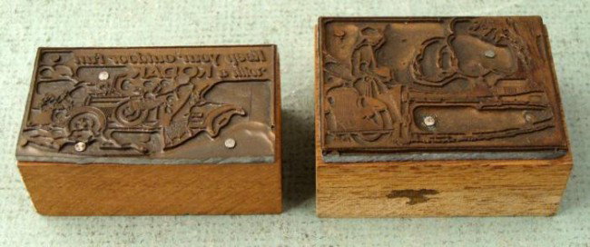 2 Kodak Camera Old Ad Copper Printer Blocks w/Cars 1920: These two copper printers blocks were made for a print ad for Kodak cameras. Both feature stunning antique cars, dating these block to around the 1920's. One has roadster, and the slogan: "Keep your o