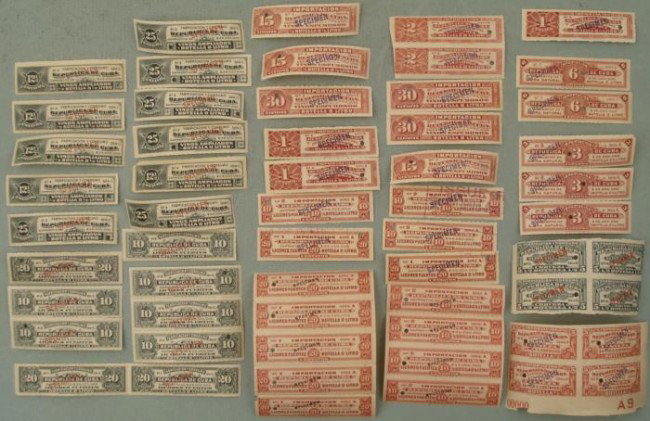 58 Cuba Specimen Revenue Stamps Beer Wine Licquor Cider: Here are 58 Cuban Revenue Stamps from licquor sales, in various sizes and denominations. Each has a red or black "SPECIMEN" overprint and security punch. They are marked "American Bank Note Co." 
