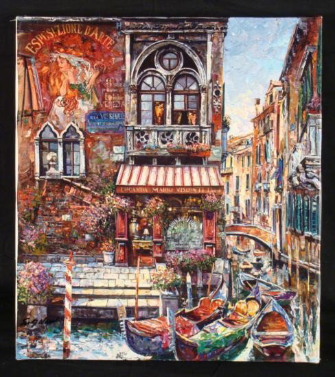 Vadik Suljakov Signed Art Print Locando Mario Italy: This is a limited edition serigraph on canvas by Vadik Suljakov. The artist uses an impressionistic style, in combination with a detailed realism. The scene portrays a canal in Italy. Artist: Vadik Su