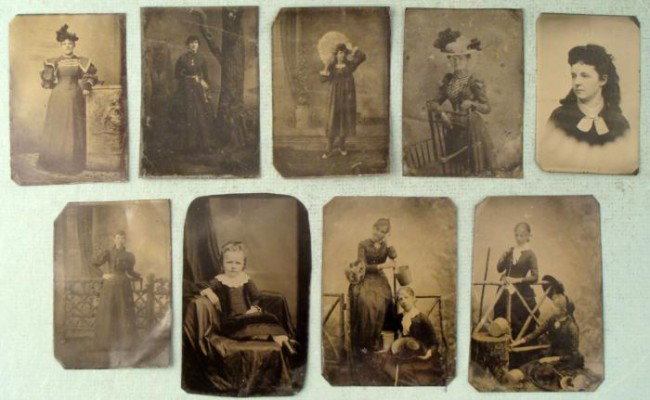 9 Antique Tintype Photos Women Ladies Portraits 1880s: Here are nine antique tin type photographs portraying various studio shots of ladies, young ladies and children. Their condition is good overall, most with surface wear, and some with light spotting. 
