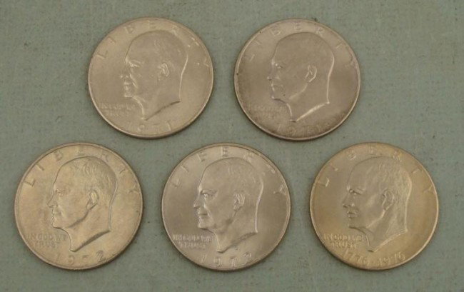 5 Different Date UNC Eisenhower Dollars 1971, 72, 76: 5 Different Date Eisenhower Dollars Dates: 1971-P, D, 1972-P, D, 1976 (Bicentennial)