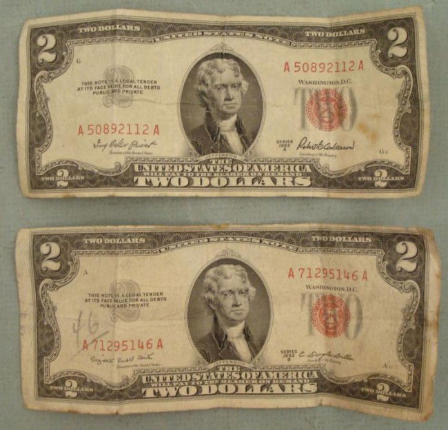 2 1953 Series A & G $2 Dollar Red Seal Notes, Bills: 2 1953 Series A & G $2 Dollar Red Seal Notes