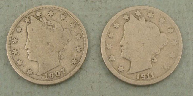 2 Diff Date Liberty V Nickels 1907, 1911 Special: 2 Different Date Liberty V Nickels, Special Dates: 1907, 1911