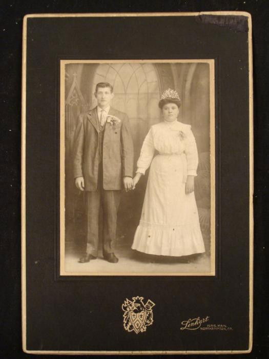 Antique Wedding Portrait Photograph 1890s PA: This photograph portrays a newly married couple from the 1890's. It is from Lenhart studios in Northampton, Pennsylvania, and it's on a card 6 x 9 inches. It is in very good condition overall, with so