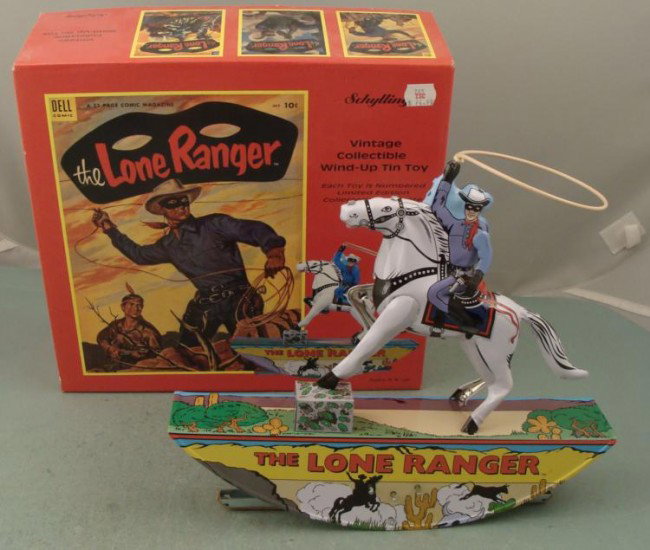 The Lone Ranger & Silver Tin Wind-Up Toy Schylling MIB: The Lone Ranger is ready to rope some bad guys, and he and his horse Silver come to life on this vintage looking wind-up. This is a toy, and also an attractive retro figure, made of litho tin, and sta