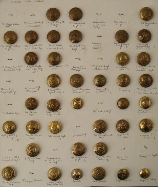 37 British Regiment Military Buttons Antique Collection: This is an antique and vintage collection of buttons from various British military groups and regiments, and one Canadian. Many are identified on the card, and those include: Royal Norfolk Devonshire 