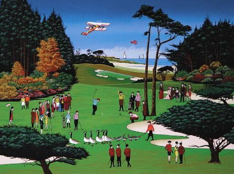 WAIT A MINUTE Golf Nicky Watanabe LE Naive Art Print: This marvelous "naif" (naive) golf print is by the very popular and avidly collected contemporary artist Nobou "Nicky" Watanabe: Title: "Wait a Minute" 1991 Serigraph on paper Signed and numbered
