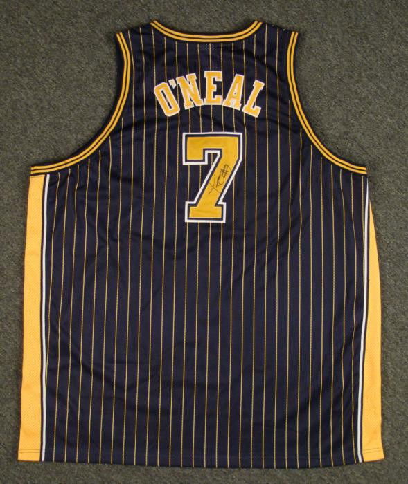 ONeal Signed Jersey NBA Big Size 60: This Indiana Pacers jersey was signed by 6-time NBA All-Star Jermaine O'Neal. The autograph is in black Sharpie, and includes his number #7. The jersey is an NBA Authentics from Reebok Team Apparel, w