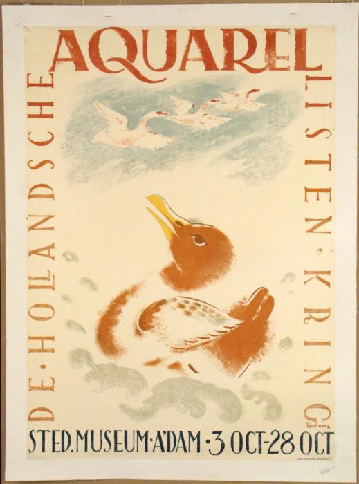 Sjollema Aquarel Original Vintage Art Exhibition Poster: This original poster advertises an exhibition of watercolor paintings by 20th Century Dutch artist Johan S. Sjollema. The image shows a gosling gazing up at the adult geese flying through the sky. Med