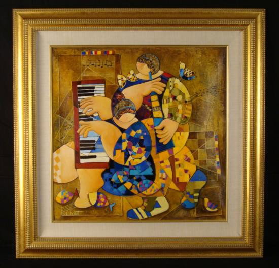 Dorit Levi Original Framed Music Art Oil Painting Duet: This original oil painting by artist Dorit Levi portrays two musicians playing a keyboard and clarinet. This duet is achieving musical harmony, and you can see a visual harmony too, in the artist's Cu