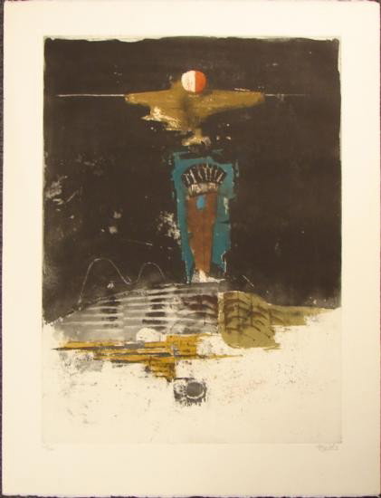 Johnny Friedlaender Fine Art LE PRINT Winter Night 1985: Winter Night, the dramatic etching and aquatint print by Johnny Friedlaender offered here, is a vivid illustration of the artist's mastery of printmaking. The rich interplay of colors and forms in thi