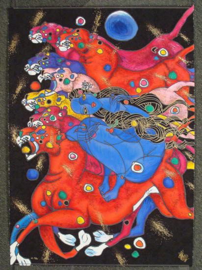 Jiang Tie Feng Signed Print Panthers Tropical Art: This is a print by Chinese Yunnan School artist Jiang Tie Feng. This scene portrays some panthers roaming the jungle, with a wild woman riding along with them. The intersecting lines make the woman ap