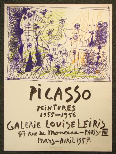 Original Picasso 1957 Art Paintings Exhibit Poster: This is an original 1957 exhibition poster for an exhibit of Picasso's "peintures" ("paintings") at Galerie Louise Leiris, Paris: Bloch: 1275 Stone lithograph Printed by Mourlot, Paris 20 × 30&f