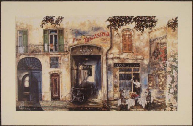 Jose Candia Signed Art Print Italian Cafe Italy: This Italian street scene portrays a quiet, tucked away little cafe, in a rustic setting. Artist: Jose Candia Signature: In silver paint pen, lower left Other markings: Stamped with the artist's seal 