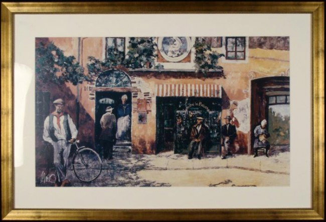 Le Buffet French Village Street Scene Art Print Framed: This art print portrays a small lunch buffet somewhere in France. The pace is leisurely, with some elderly folks sitting, and young man on his bicycle. Artist: Signed in silver paint pen, lower left M