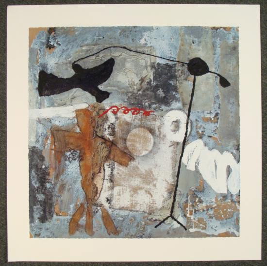 Zhou Brothers Giclee Abstract Art Print My Memory: This is a Giclée Art Print by the Zhou Brothers. There are forms here that look like figures, possibly a bird, and it is all covered in layers and textures. The red and black are hand embellished