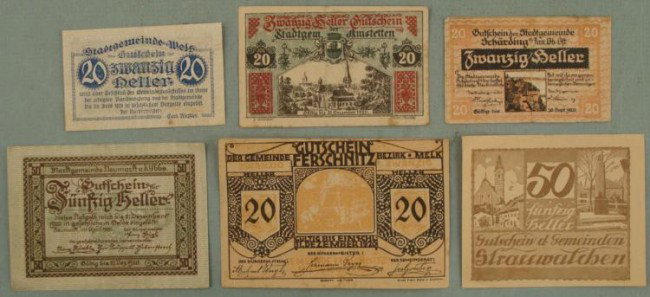 6 POST WWI AUSTRIAN HELLER NOTES-,20 & 50 DENOMINATIONS: 6 POST WWI AUSTRIAN HELLER NOTES-,20 & 50 DENOMINATIONS