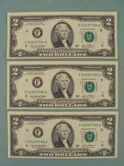 3 Consec # CU 2003 A $2 Bills Notes F Mint Atlanta: (3) 2003-A $2 bills Serial numbers: Consecutive (exact serial number might be different from that shown)Mint mark: F (Atlanta)Grade: Crisp Uncirculated