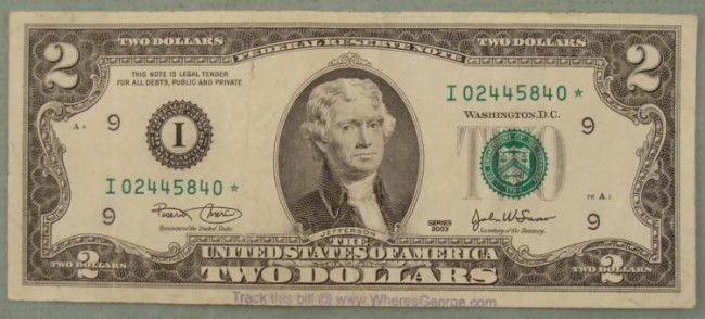 2003 Track This Bill $2 Two Dollar Star Note I Mint MN: 2003 star note with a "Track this bill" stamp from "WheresGeorge.com" Mint mark: I (Minneapolis)