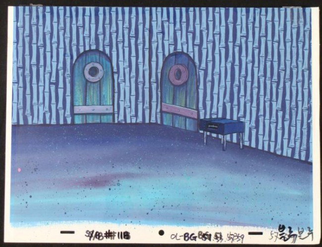 SpongeBob Furniture Original Background Animation Cel: This original hand-painted background and animation cel are from the Nickelodeon TV show SpongeBob Squarepants. The story takes place under the deep blue sea in Bikini B