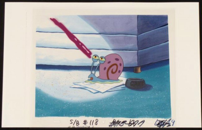 Animation Art Original SpongeBob Bowl Background Cel: This reproduction background and animation cel is from the Nickelodeon TV show SpongeBob Squarepants. The story takes place under the deep blue sea in Bikini Bottom, where Sp