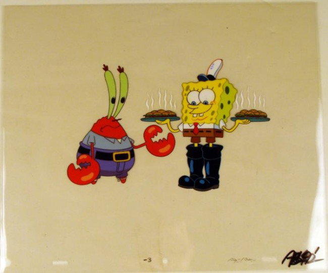 Hot, Fresh and Ready Animation Cel Spongebob Original: This original animation cel is from the Nickelodeon TV show SpongeBob Squarepants. The story takes place under the deep blue sea in Bikini Bottom, where SpongeBob resides. Sp